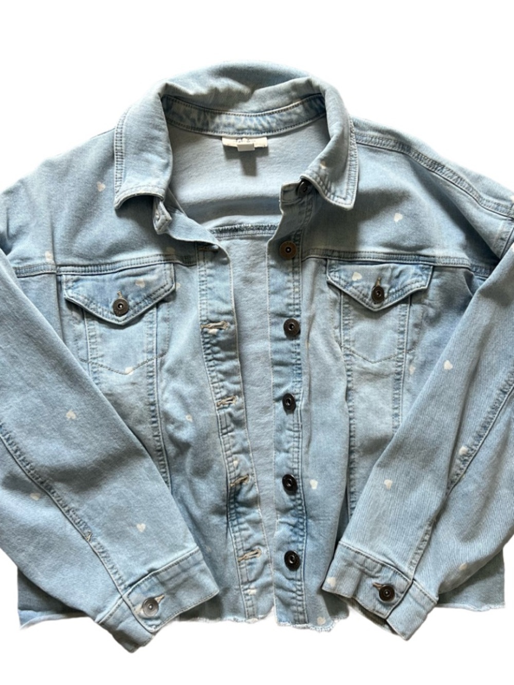 Style & Co Light Wash Cropped Denim Jacket with White Heart Details size Large